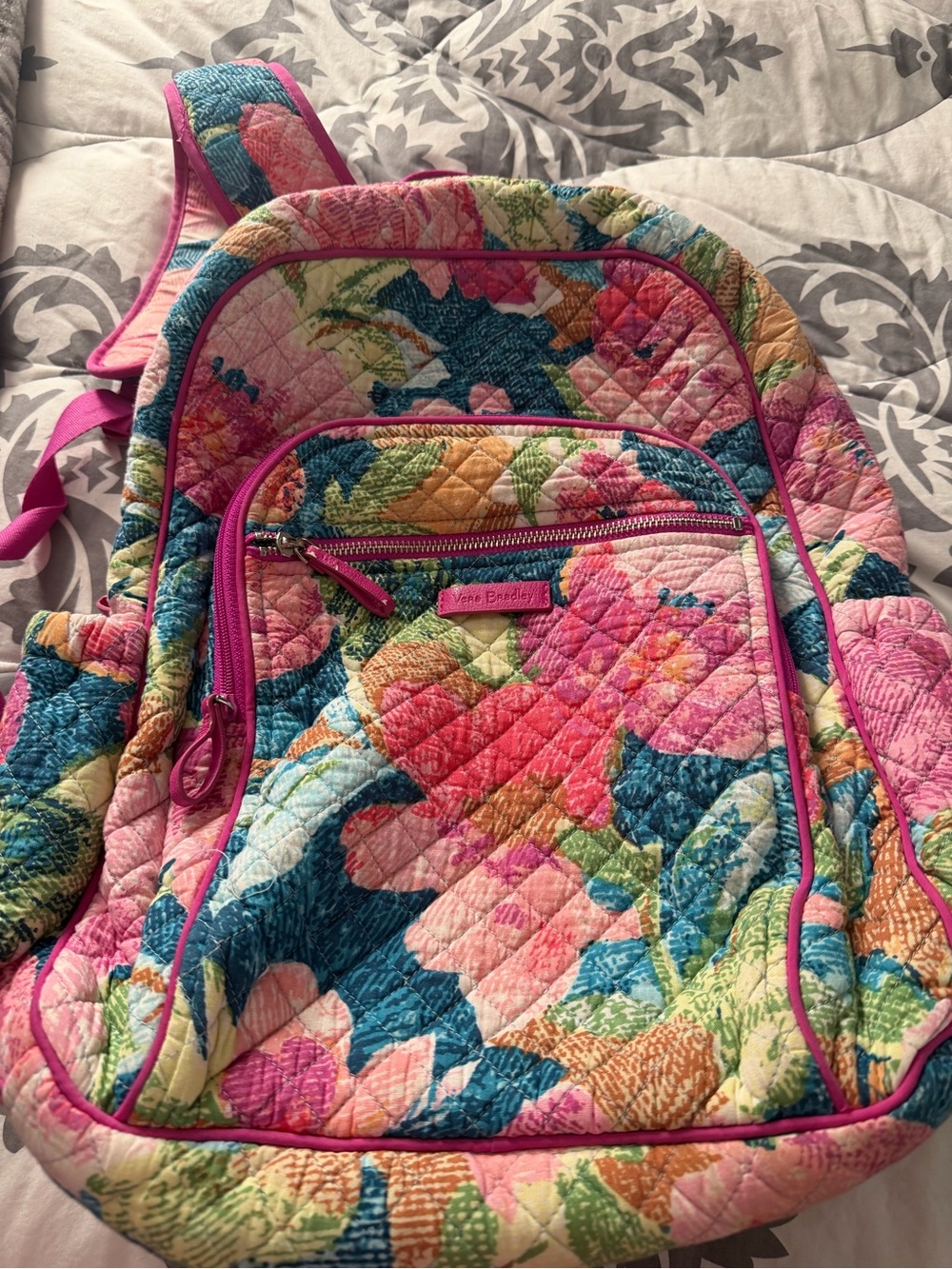Vera Bradley Multicolor Floral Quilted Backpack with Pink Trim
